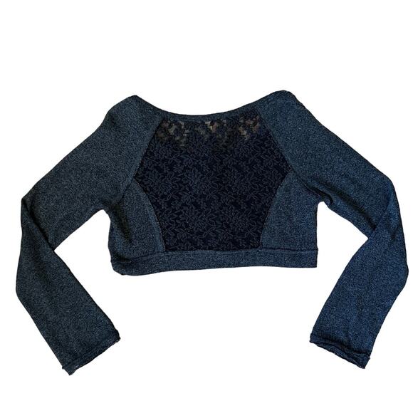 Free People Dark Heathered Gray Crop Long Sleeve Lace Snap Front Top - Small - Picture 2 of 12